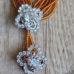Orange Multi-Strand Beaded Necklace With Clear Crystal Drop, Barrel Clasp