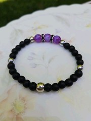 Black Purple Silver Round Beaded Stretch Bracelet Stackable Sizable Fit