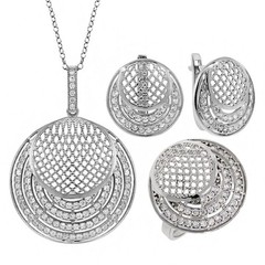 Silver Simulated Shell Zirconia Earrings Pendant Ring Set With 18 Inches Chain