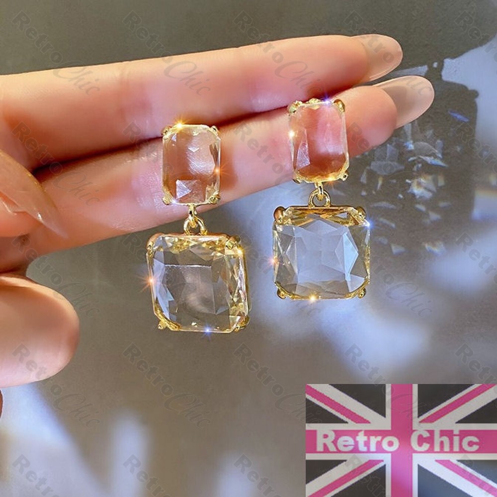 FACETED GLASS transparent DROP EARRINGS rectangle geometric square STUDS gold