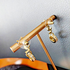 Auth. YVES SAINT LAURENT YSL LOGO Stud CRYSTAL Ring Drop EARRINGS Gold Tone