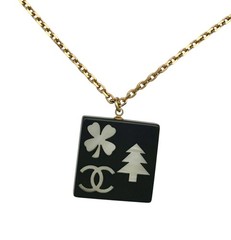 CHANEL CC Logo Black Square Clover Tree Necklace 19″ Gold Tone 03A Auth #2630