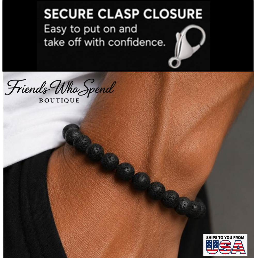 6″-11″ Black Lava Rock 8mm Natural Beaded Mens Stainless Steel Bracelet w/Clasp