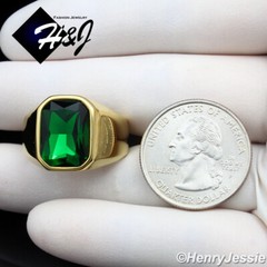MEN’s Stainless Steel Rectangle Green Gemstone Gold Plated Ring Size 7-12*GR151
