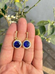 Halo Drop Clip On Earring Round Simulated Blue Sapphire 14k Yellow Gold Plated