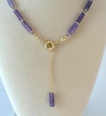 18K Gold Plated Amethyst Beaded Y Toggle Necklace Purple Semi-Precious Stone NEW