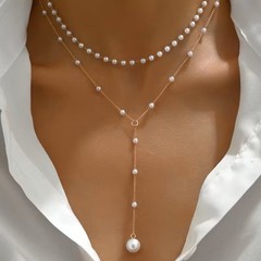 Layered Pearl Necklace Women Gold Y Lariat Choker Dainty Beaded Pendant Jewelry