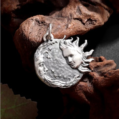 CELESTIAL MOON SUN FACES HOROSCOPE Pendant on 925 Sterling Silver 22″ Necklace