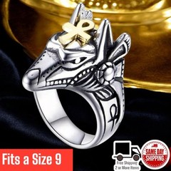 Mens Egyptian Ankh Pharaoh Anubis Pyramid Ring Stainless Steel Size 9 Gothic