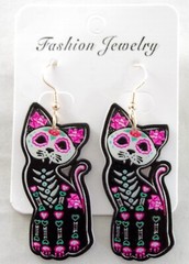 2-SIDED GLOW SUGAR SKULL SKELETON BLACK CAT DAY OF THE DEAD HALLOWEEN EARRINGS