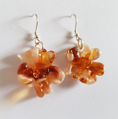 Dangle Drops Earrings Flowers Tea Brown Colors Murano Glass 925 Silver Hooks