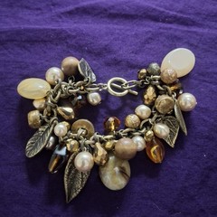 Handcrafted Gold Brown Beaded Charm Bracelet Leaf Dangle Glass Nature Theme