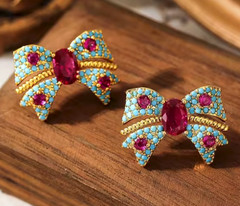 Super Cute Sparkly Blue Red BOW Rhinestone Gold Betsey Johnson Earrings