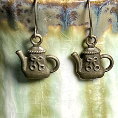 Bronze Tone Tea Pot Charm Dangle Earrings. French Hooks. Tea. Party. S613