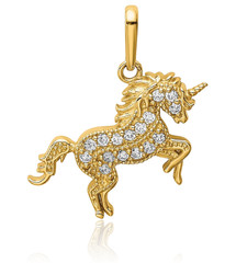 14K Solid Yellow Gold Cubic Zirconia Small Unicorn Pendant Necklace 14mm