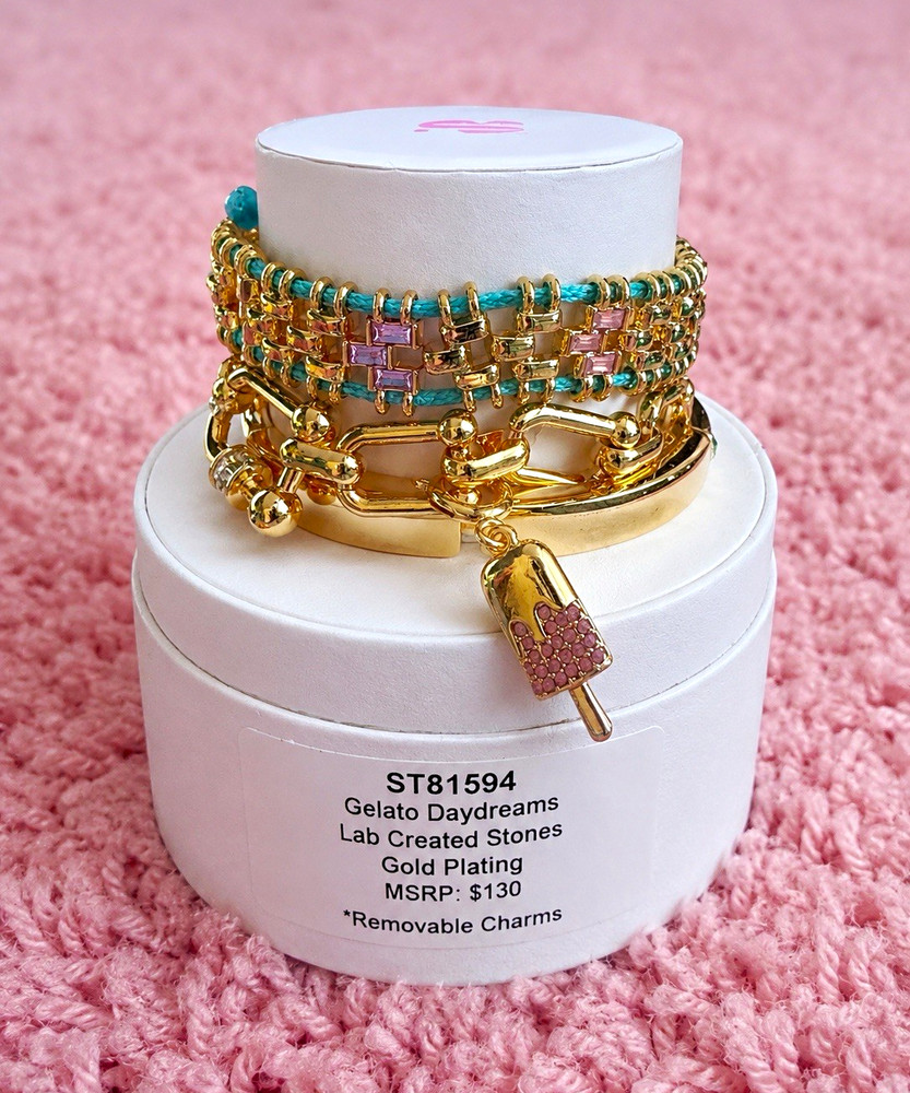 Gold Plated Multi-Strand Charm Bracelet Removable Dangle Pink/Blue ST81594