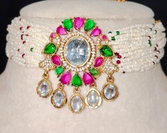 Dana Emerald Ruby Studded Multi Strand Pearl Kundan Choker Set Roz Jewellers.