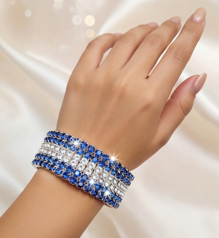 Blue Silver Rhinestone Stretch Bracelet Crystal Pageant Prom Drag Jewelry