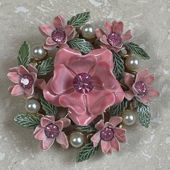 Vintage Signed LISNER Pink Enamel Floral Rhinestones & Faux Pearls Brooch Pin