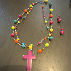Multicolor Beaded Pink Cross Pendant Necklace & Matching Earrings Jewelry Set