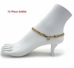 12 Piece CONCAVE CUBAN LINK CHAIN ANKLET CZ 6mm ANKLE BRACELET 14K GOLD PLATED