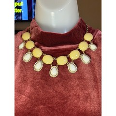 Yellow White Cabochon 16″ Statement Necklace Gold Tone Rhinestone Bib Collar