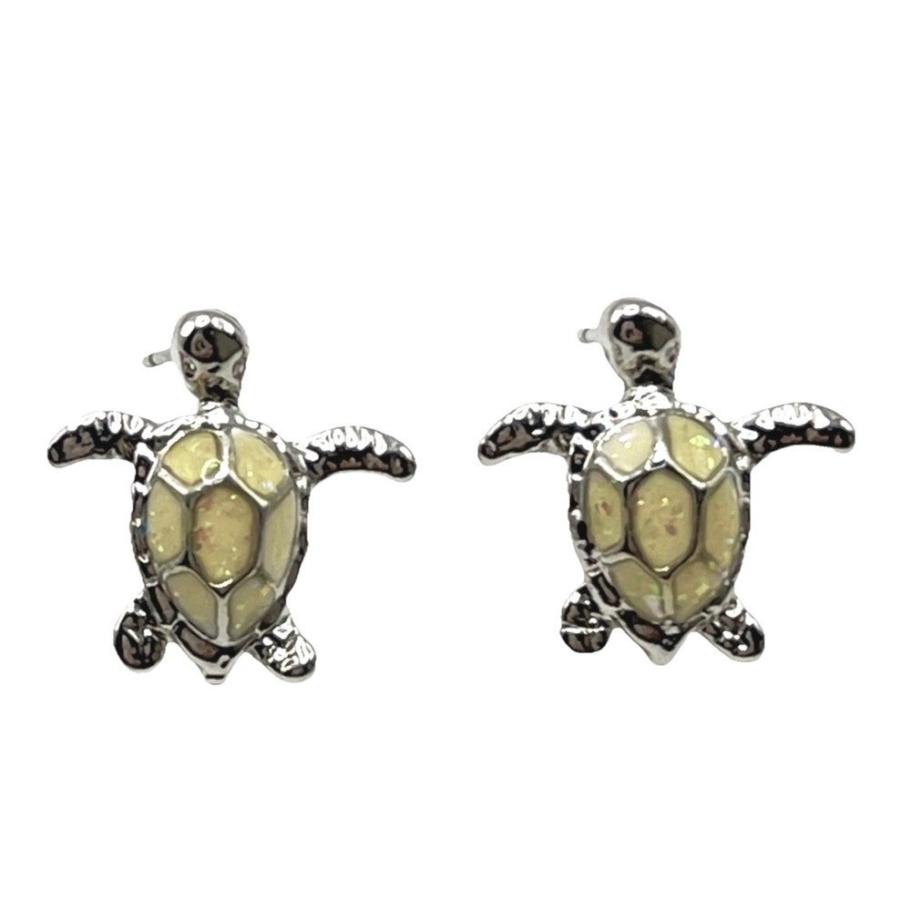 Sea Turtle Earrings Stud Silver Tone Cream Glitter Inlay Beach Tropical Vacation
