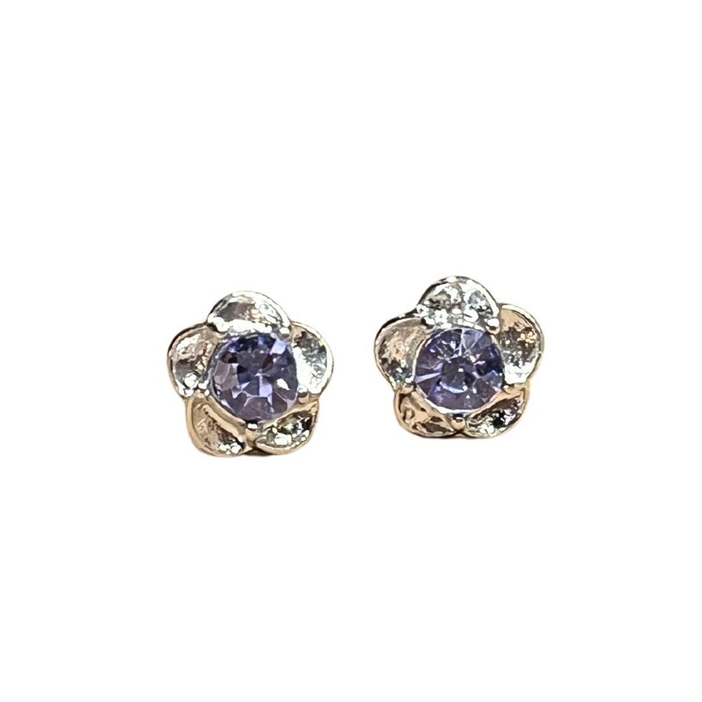 Silver Flower Bloom Ear Studs with Purple Artificial Gemstone Center