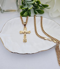 Gold Crucifix Necklace, 4mm Curb Style Chain, 14k Heavy Plated