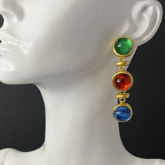 Mogul Jewel Earrings Pierced Dangle Drop Multicolor Cabochon Matte Gold Tone