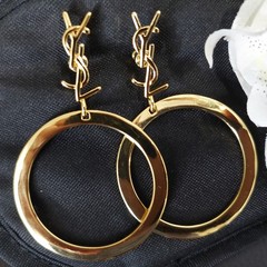 Auth. YVES SAINT LAURENT YSL LOGO Large Dangle HOOP EARRINGS Gold Tone