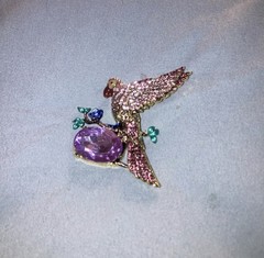 Gold Tone Enamel Bird Brooch Pin, Pink Rhinestones, Oval Purple Crystal Pavé