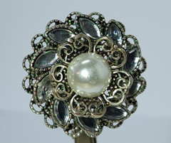 Large Pearl Effect Cocktail Ring Filigree Crystal Flower Statement 3.5cm size R