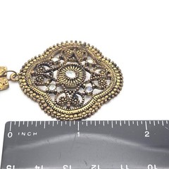 Boho Mother of Pearl Necklace Bronze Tone Filigree Pendant Crystal Accents