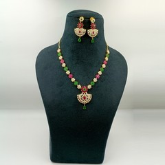 Ethnic 22K Gold Plated Kemp Ruby Emerald & Pearl Necklace Jewelry For Women