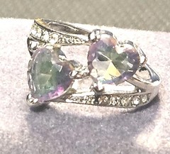 Multicolor Double Heart and White Round Synthetic Zircon Silver Ring, Size 5