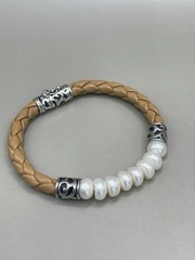 Honora Signed Sterling Silver Braided Beige Leather White Pearls 6.2” Bracelet