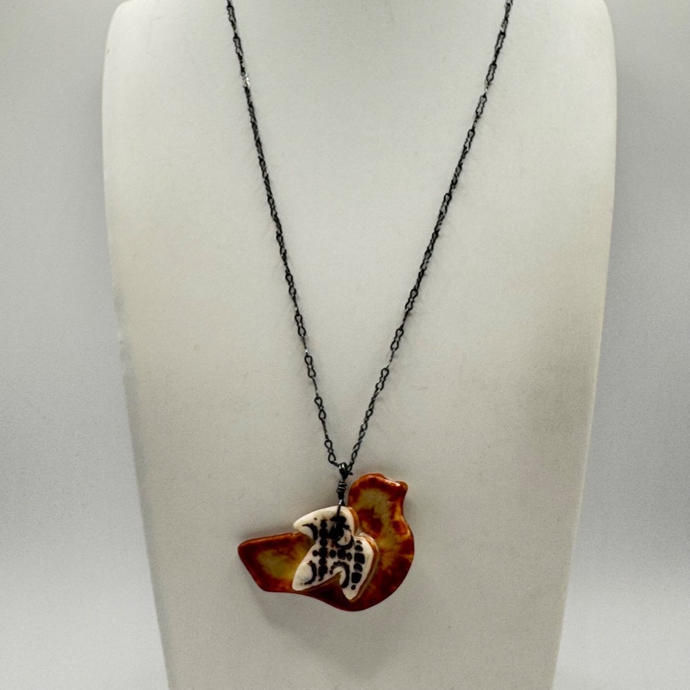 Artisan Studio Pottery Glazed Ceramic Bird Pendant Necklace Sterling Silver 925