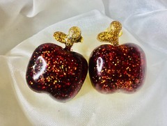 Glitter Fruit Earrings Set, Resin Apple Pear Cherry Studs, Cute Handmade Jewelry