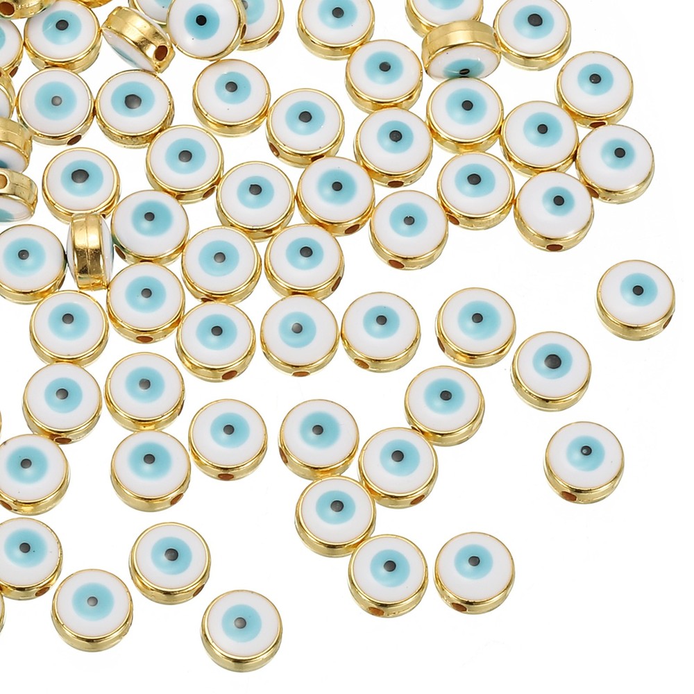 60 Pcs 8mm Flat Round Evil Eye Beads with Golden Edge, White