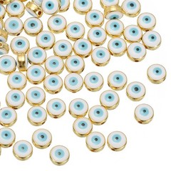 60 Pcs 8mm Flat Round Evil Eye Beads with Golden Edge, White