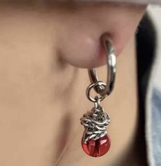Silver Tone Huggie Hoop Dangle Earring (1 pc) Red Round Crystal Charm 4cm 1.6cm