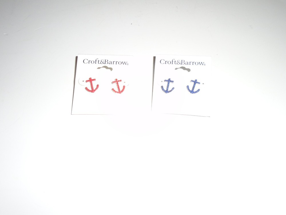 Croft & Barrow Nautical Anchor Pierced Earrings 2 Pair Red & Blue New With Tags