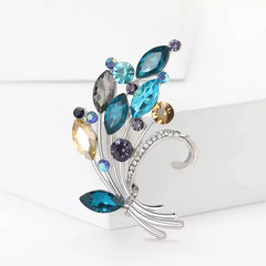 Luxury Rhinestone Flower Bouquet Brooch Blue Floral Leaf Pin Nature Jewelry Gift