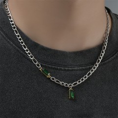 Silver Stainless Steel Figaro Chain Necklace Rectangle Green Zirconia Jewelry