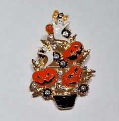 Pumpkins and Ghosts Halloween Fall Tree Rhinestone Pin Pendant Gold Bag