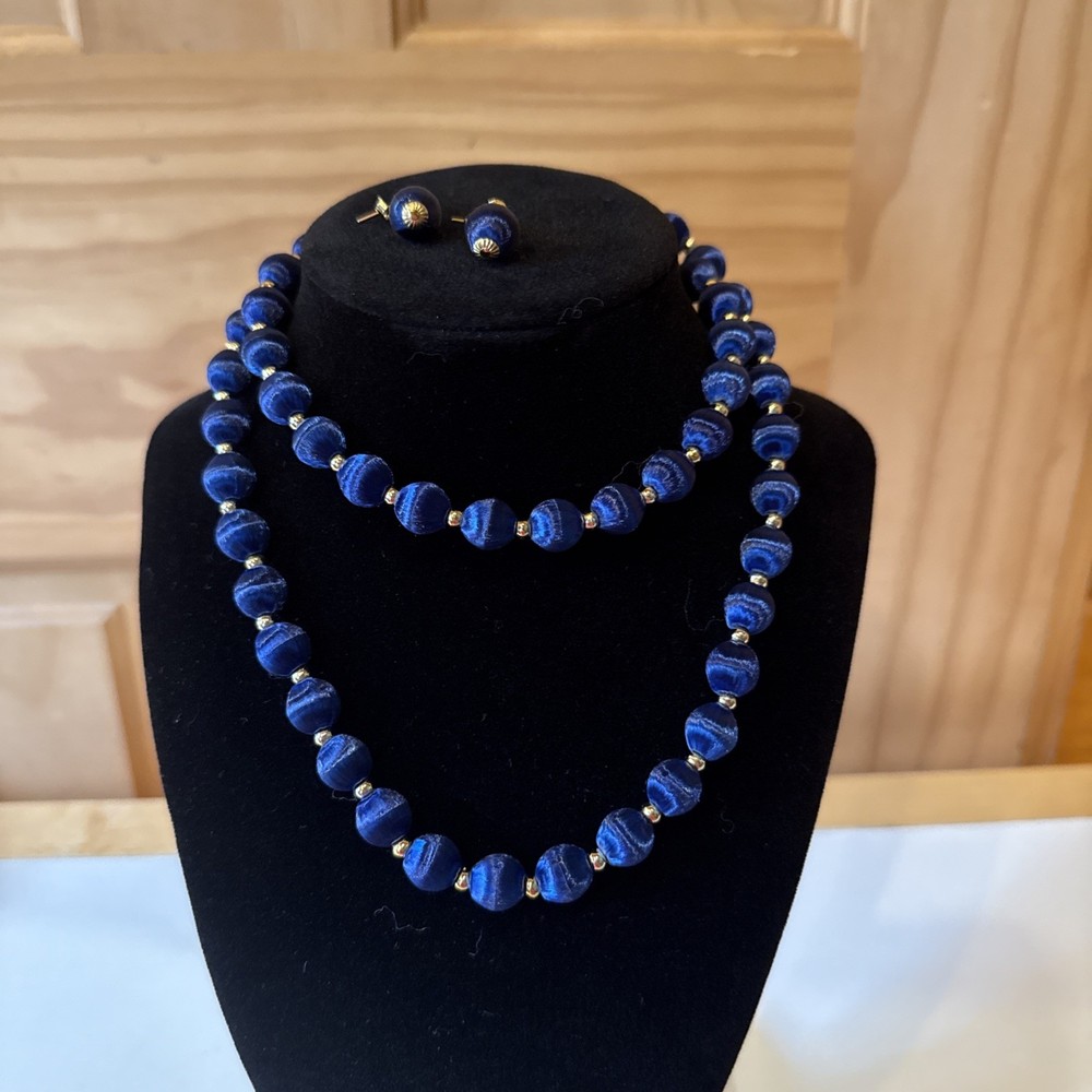Blue Silk Thread Bead Ball Necklace 26” Matching Earrings Set – Gold Tone Spacer