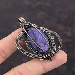 Russian Charoite Wire Wrapped Pendant Handcrafted Copper Gift 2.56″