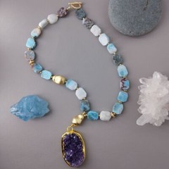 Natural Stones Larimar Amethyst Druzy Pendant Necklace Beaded Designer