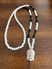 White, Brown & Ivory Look Beaded Necklace With Buddha Head &Tassels
